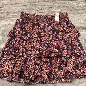 Anthropologie Black Paisley Tiered Skirt with Pink & Orange Accents